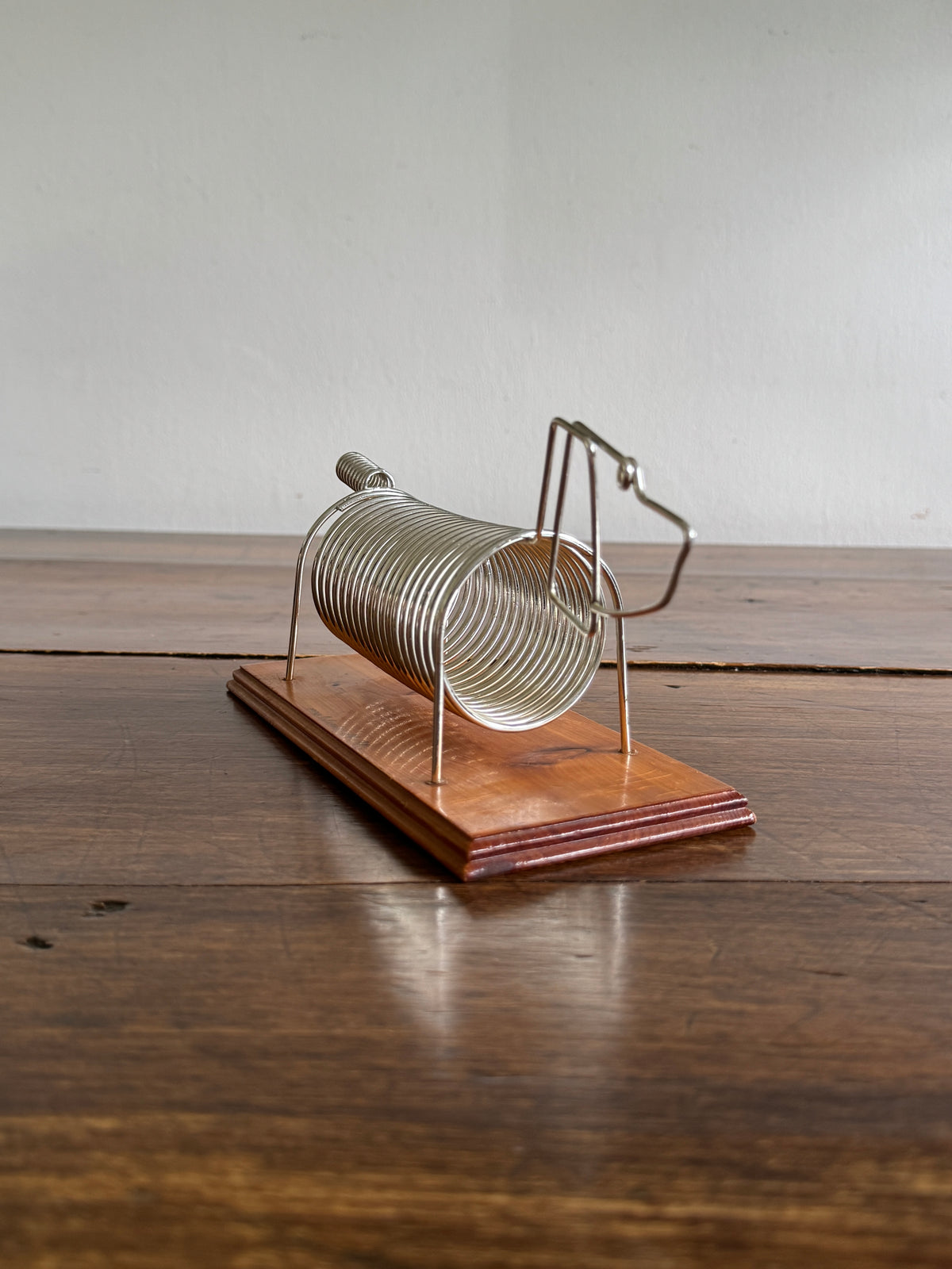 Vintage Dog Shaped Coil Letter Holder - Silver-Tone Metal on Wood Base