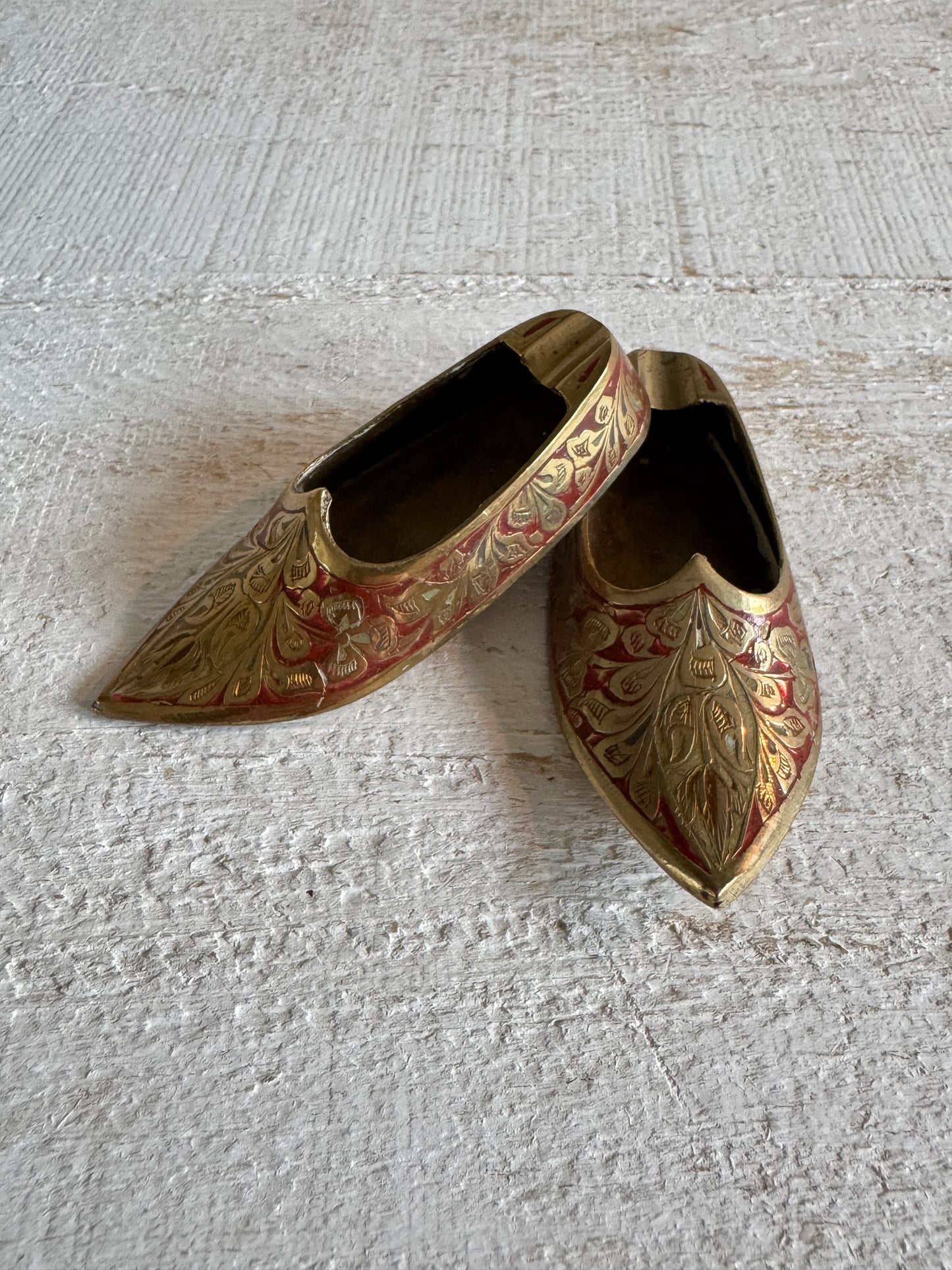 Vintage Pair of Brass with Enamel Shoe Figures - Collectible Ashtray Holder Shaped Like Shoes