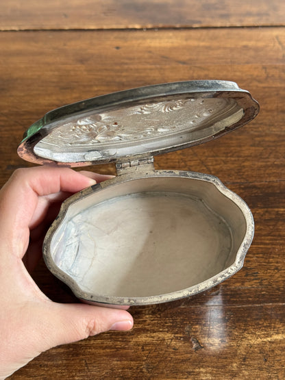 Vintage Art Nouveau DS. Co Pewter Silver-Tone Trinket Box with Floral Hinged Lid
