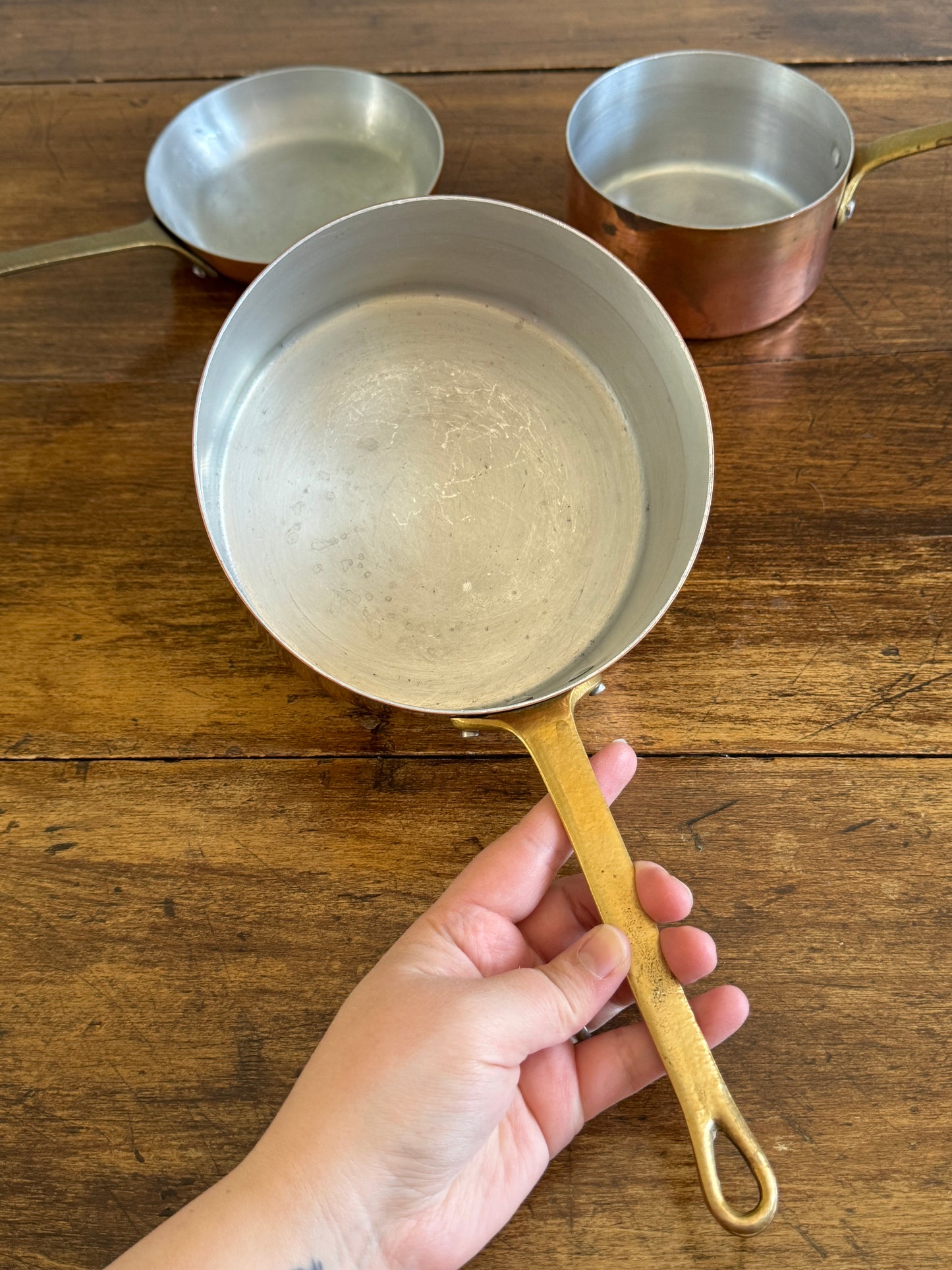 Vintage Three Piece Copper and Brass Pots and Pan Set