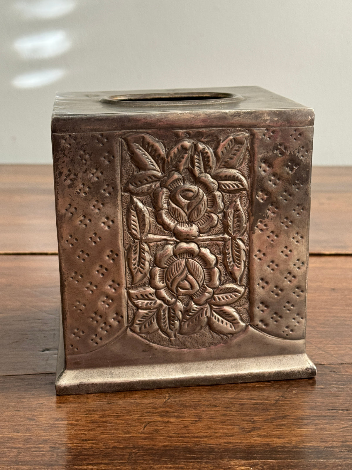 Vintage Silver-Plated Square Tissue Box Holder with Ornate Flower Detailing