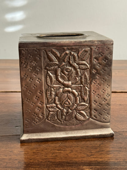 Vintage Silver-Plated Square Tissue Box Holder with Ornate Flower Detailing