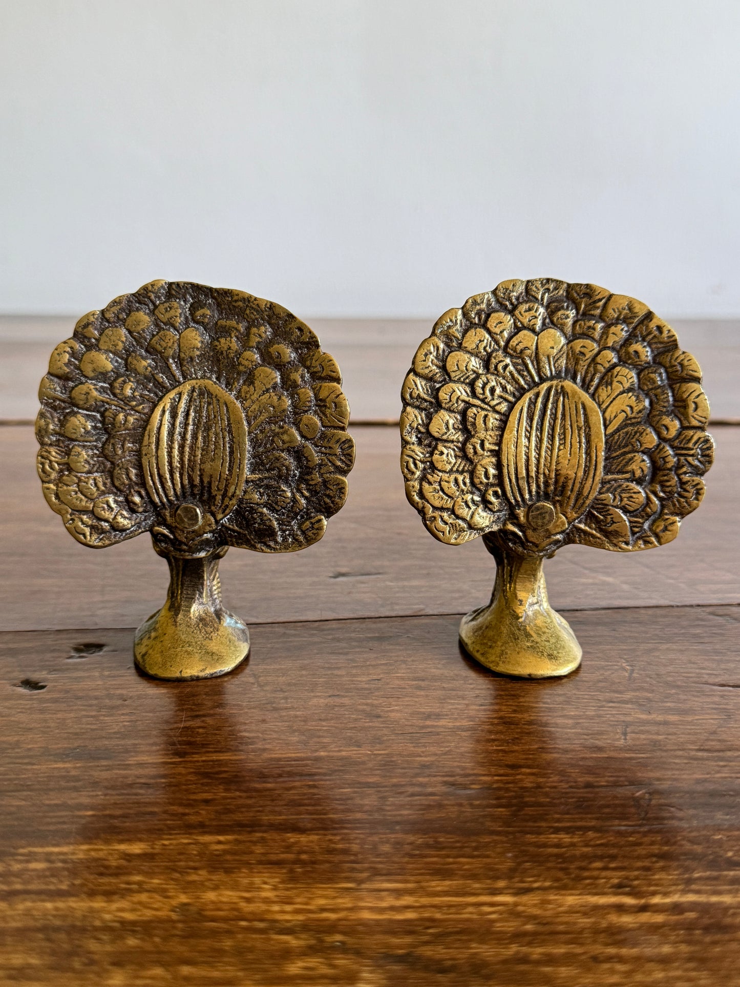 Vintage Pair of Brass Peacocks with Opened Fan Tail Feathers