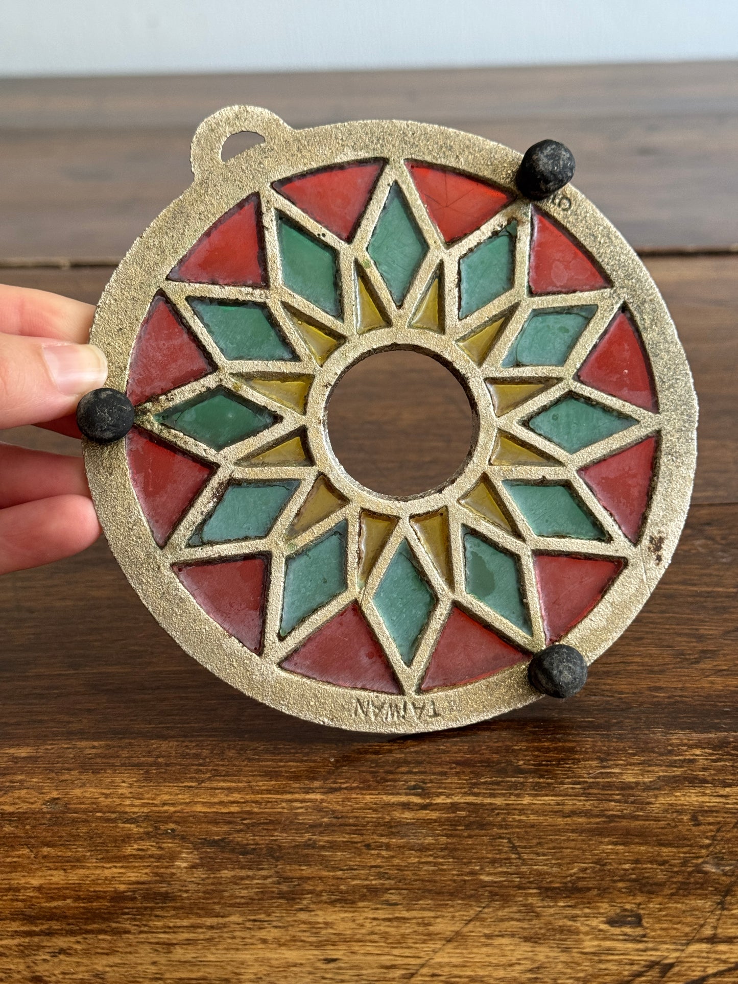 Colourful Metal Trivet with Faux Stained Glass Appearance - Made in Taiwan