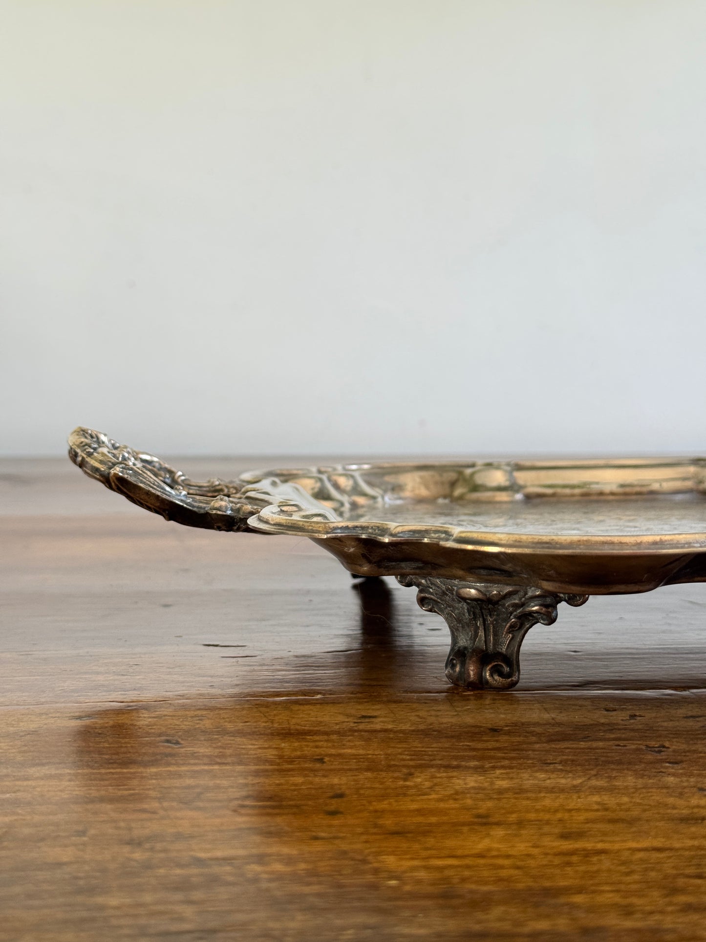 Vintage Large Leonard Silver Plated Over Brass Ornate Serving Platter with Raised Feet and Etched Detailing - Silver Plated Butler Tray