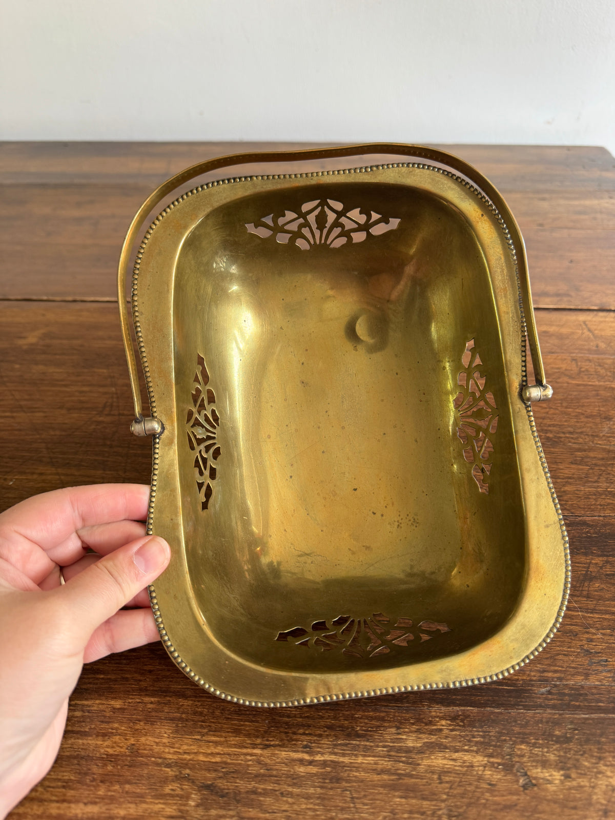 Vintage Cutout Brass Bowl with Handle and Small Ball Feet