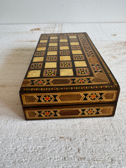 Small Travel Sized Folding Chess and Backgammon 2-in-1 Set with Stunning Marquetry Detailing and Wooden Pieces