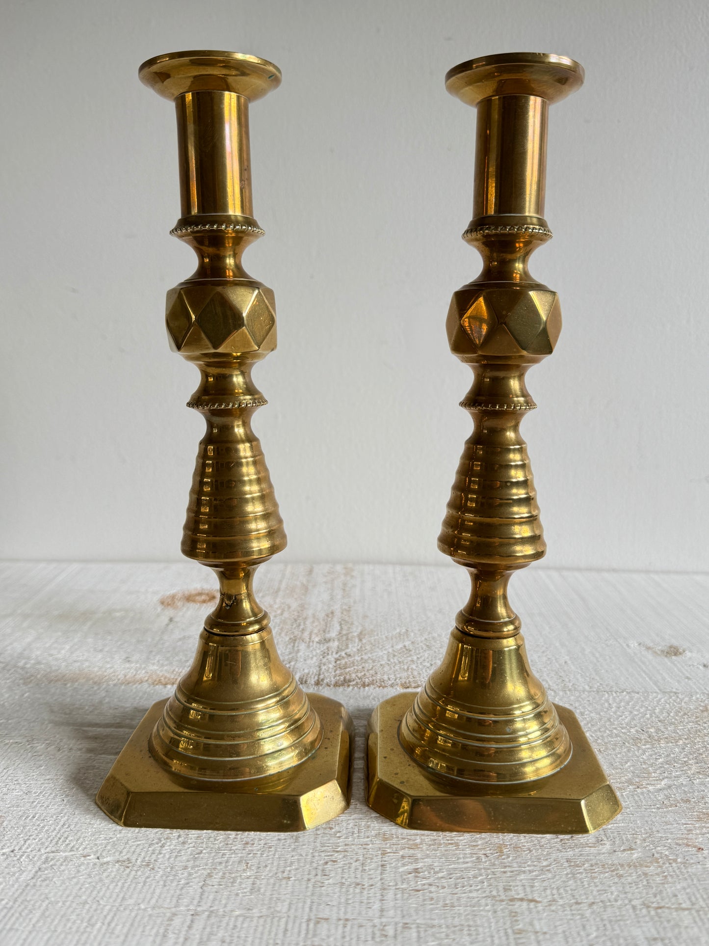 Vintage Pair of Brass Candlestick Holders with Push Up Base Design