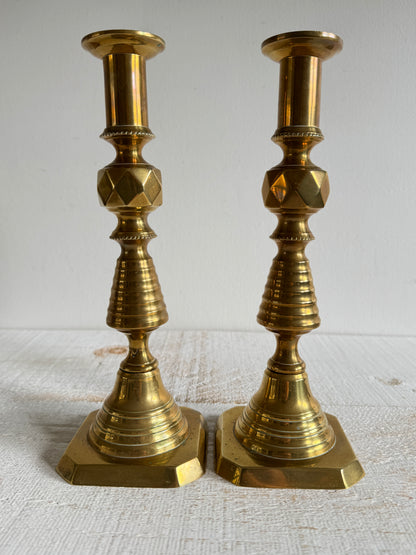 Vintage Pair of Brass Candlestick Holders with Push Up Base Design
