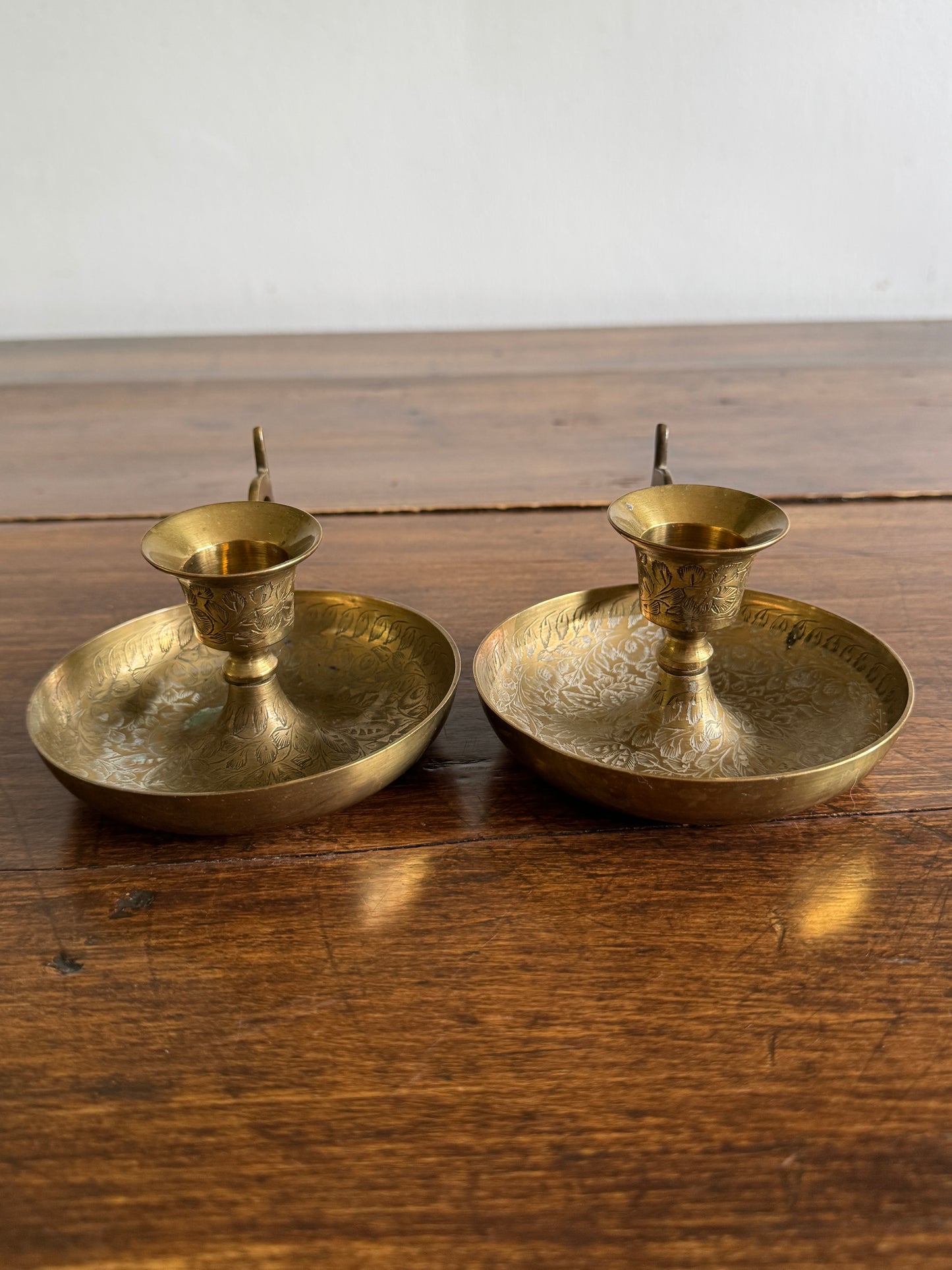 Vintage Brass Etched Floral Candle Holder Pair - Made in India