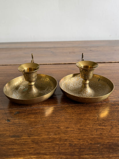 Vintage Brass Etched Floral Candle Holder Pair - Made in India