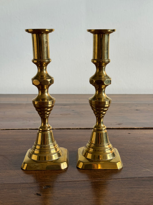 Vintage Brass Beehive Style Pair of Candlesticks