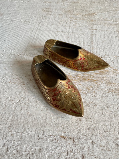 Vintage Pair of Brass with Enamel Shoe Figures - Collectible Ashtray Holder Shaped Like Shoes