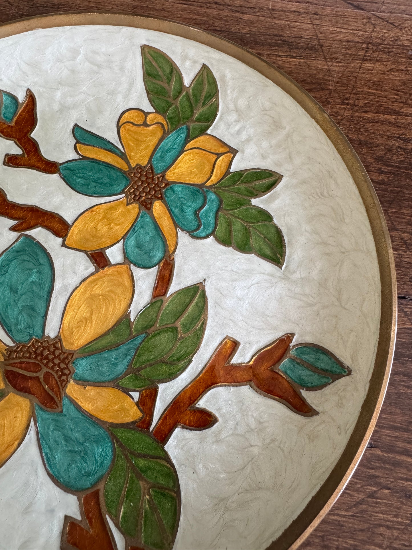 Heavy Enamel Brass Wall Plate with Flower and Leaf Design