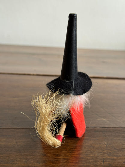 Witch Mini Wood Figurine with Tall Hat and Broom