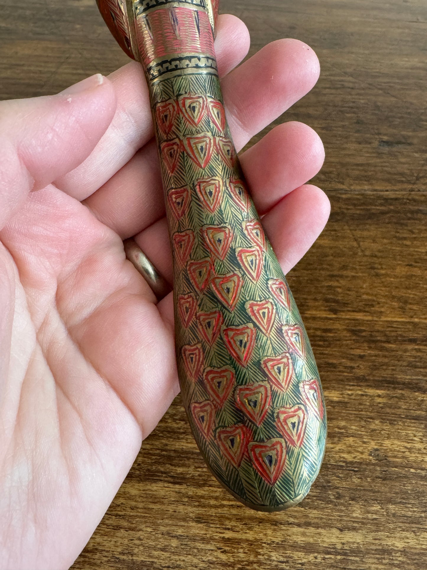Brass Peacock Figurine with Etched and Enamel Painted Detailing
