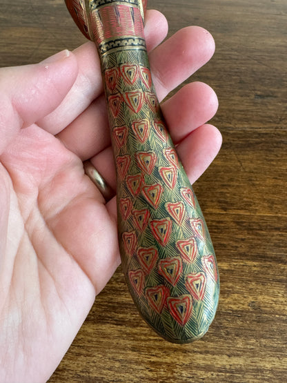 Brass Peacock Figurine with Etched and Enamel Painted Detailing