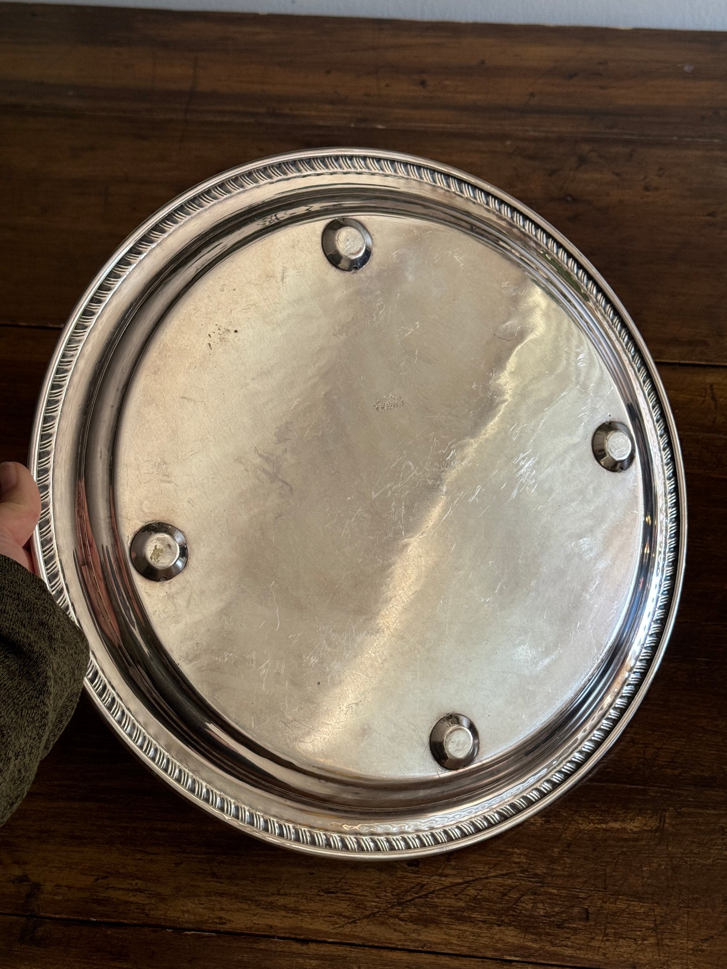 Large Vintage Viking Plate Silver E.P. on Copper Round Tray with Etched Detailing