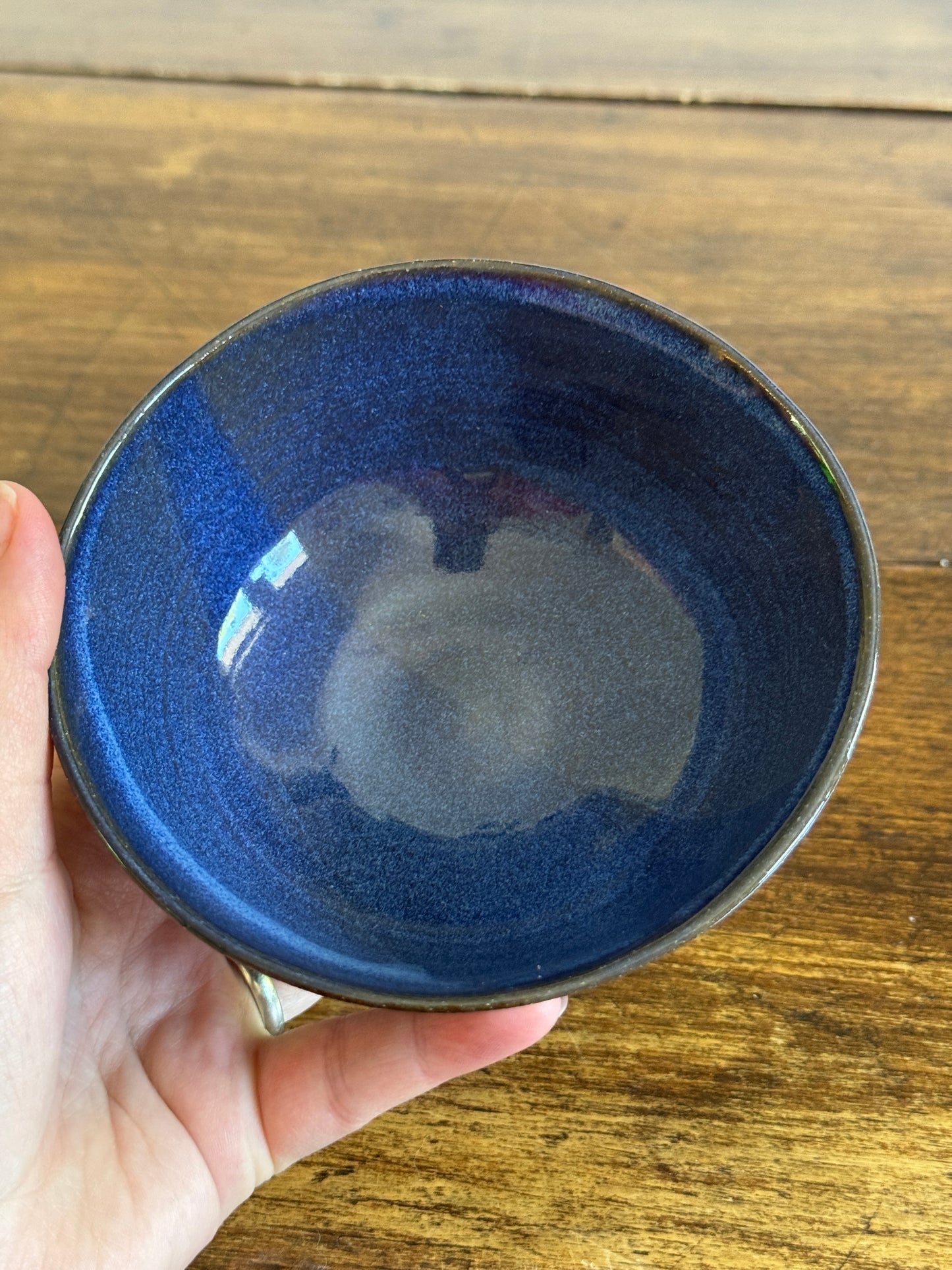 Hand Crafted Small Pottery Bowl with Leaf Design and Beautiful Blue Tones
