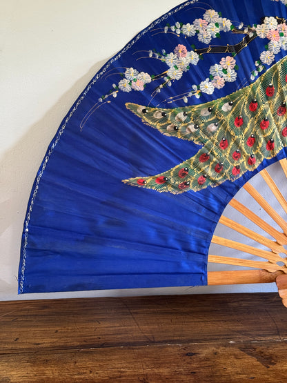 Extra Large Painted Fabric Fan with Peacock and Flowers
