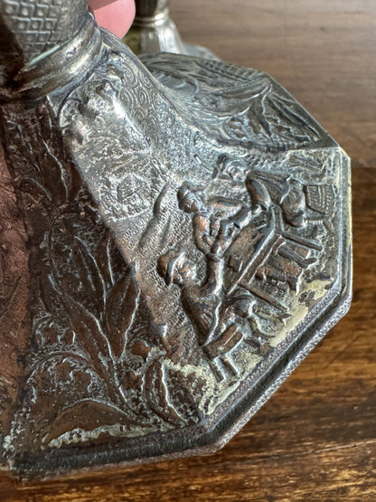 Pair of Etched Silver-Tone Repousse Candle Holders