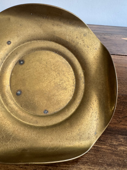Vintage Curled Edge Brass Bowl with Light Floral Etched Pattern