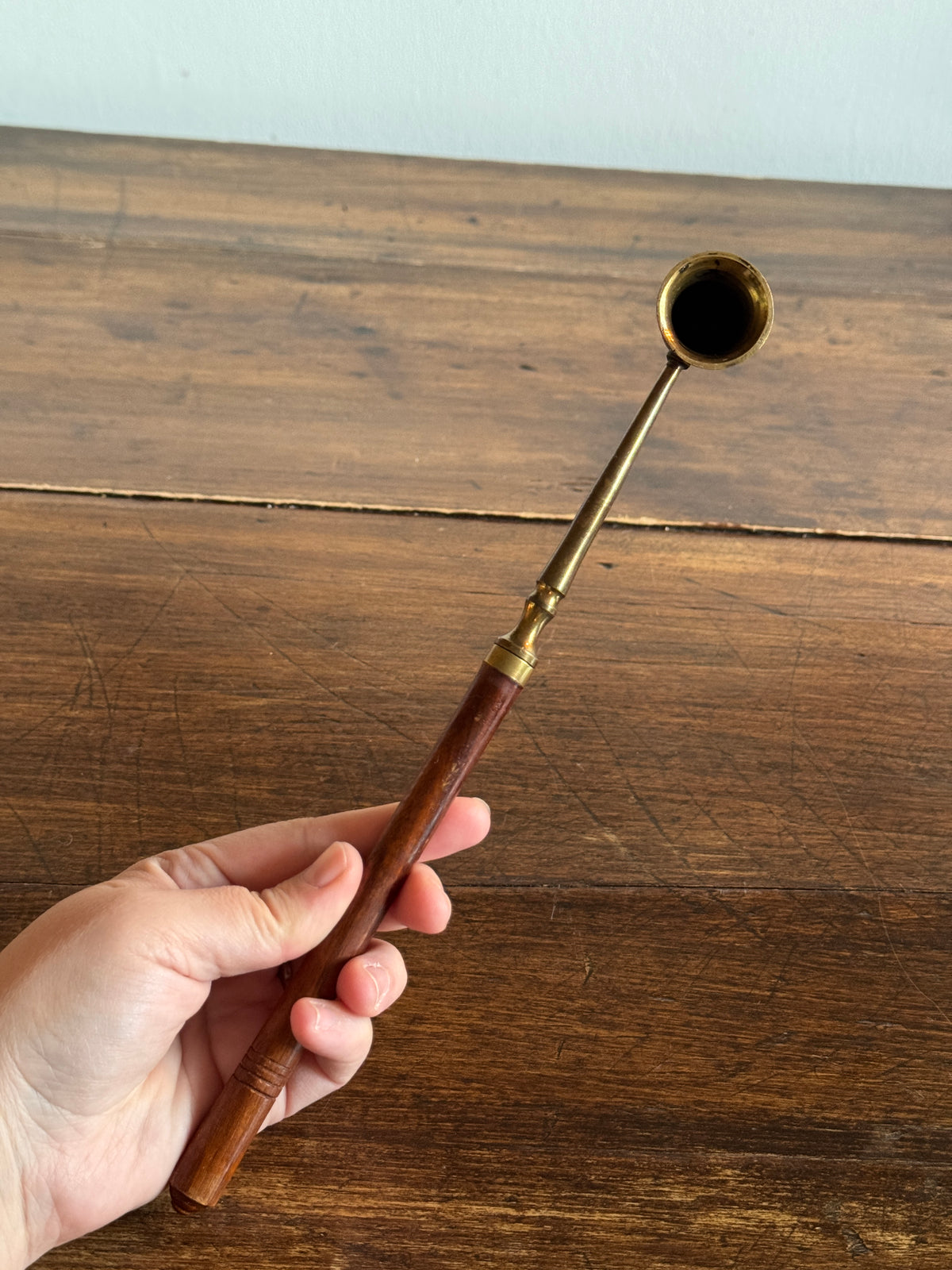 Wood and Brass Candle Snuffer with Ornate Cup