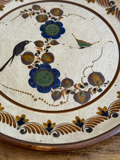 Vintage Large Mexico Pottery Plate with Flower and Bird Painting