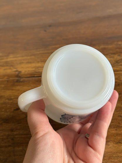 Vintage White Milk Glass Mug with Blue Vintage Train Design