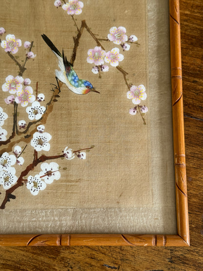 Vintage Bird Painting on Fabric Artwork in Simplistic Wooden Frame