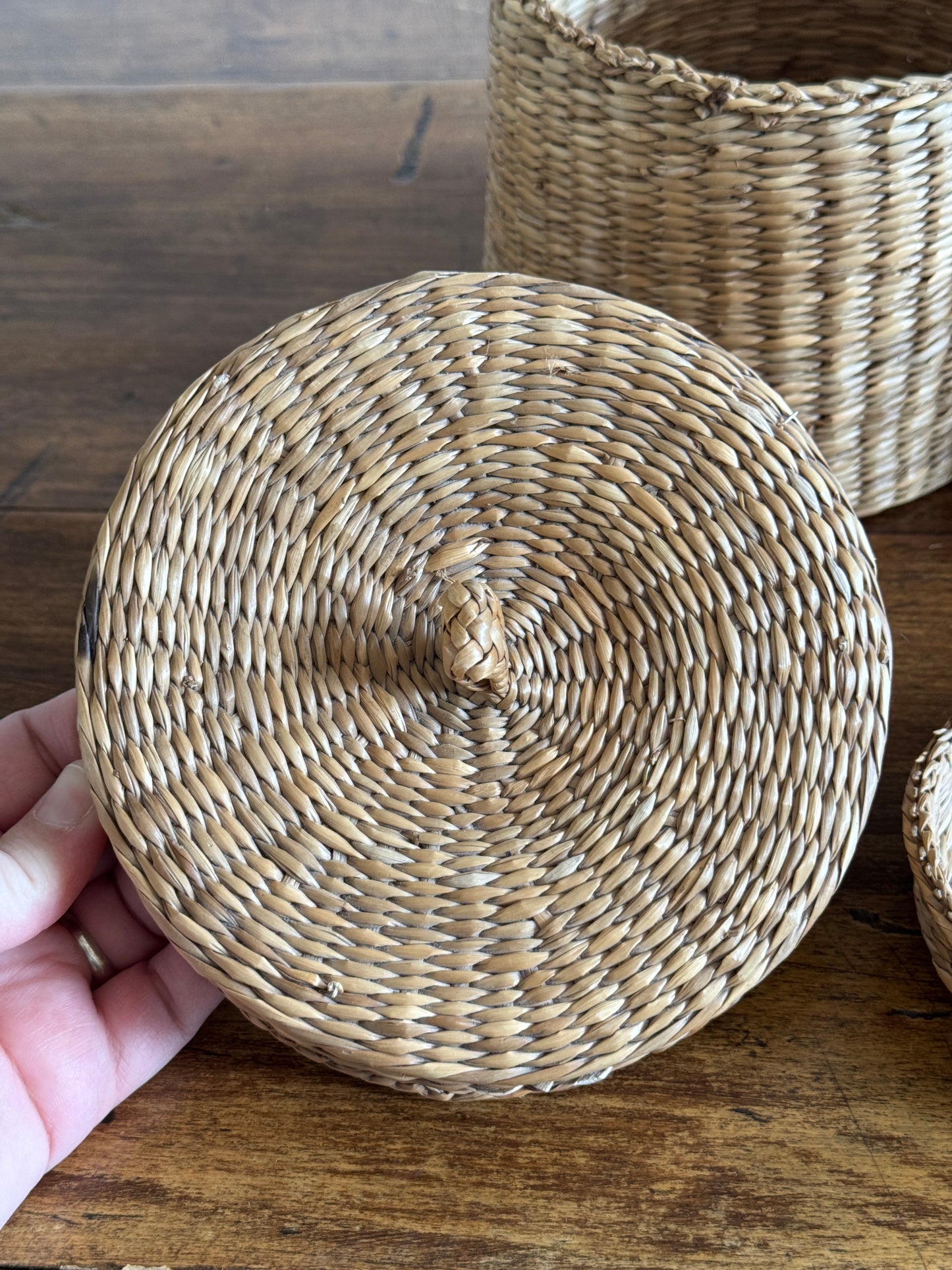 Set of Two Nesting Baskets - Woven Small Storage Baskets with Lids
