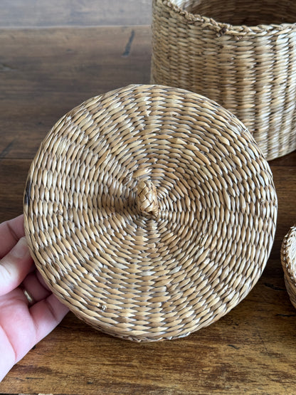 Set of Two Nesting Baskets - Woven Small Storage Baskets with Lids