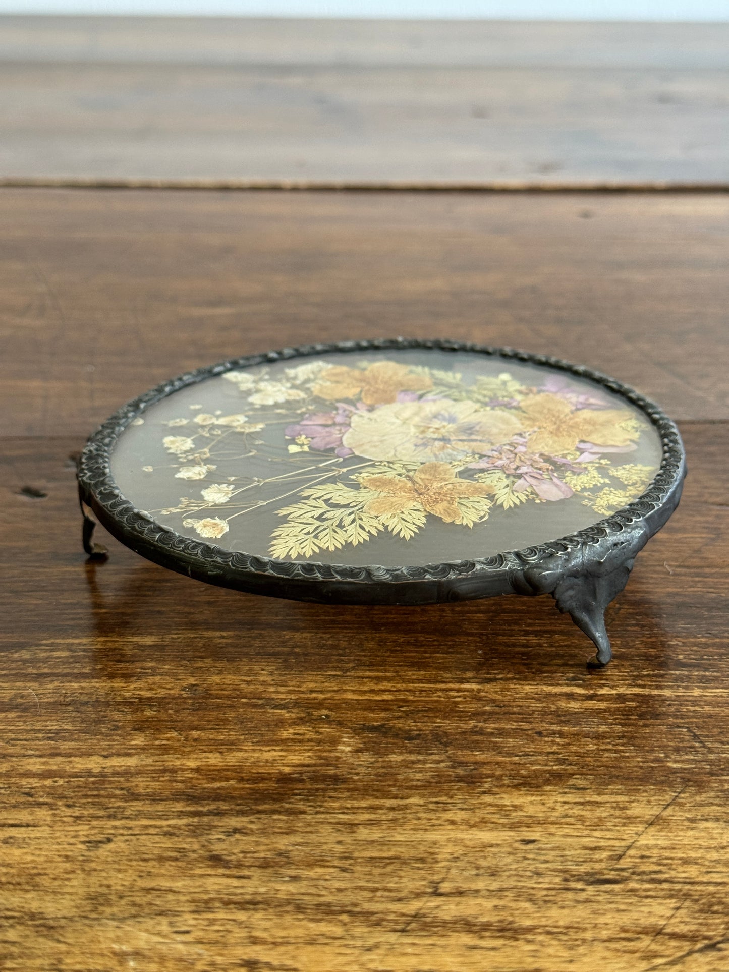 Vintage Pressed Flower Glass Trivet with Metal Edge and Feet