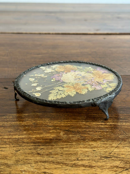 Vintage Pressed Flower Glass Trivet with Metal Edge and Feet