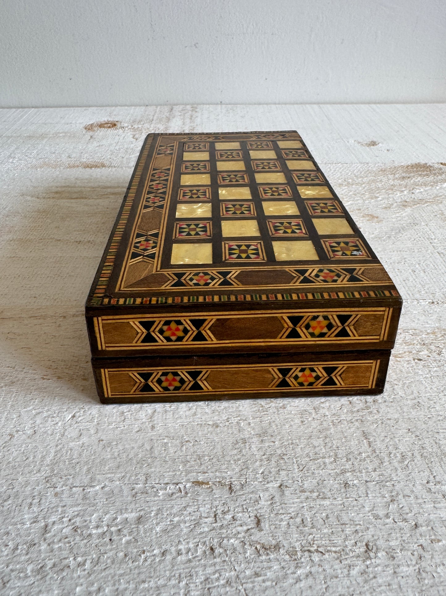 Small Travel Sized Folding Chess and Backgammon 2-in-1 Set with Stunning Marquetry Detailing and Wooden Pieces