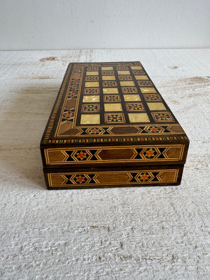 Small Travel Sized Folding Chess and Backgammon 2-in-1 Set with Stunning Marquetry Detailing and Wooden Pieces