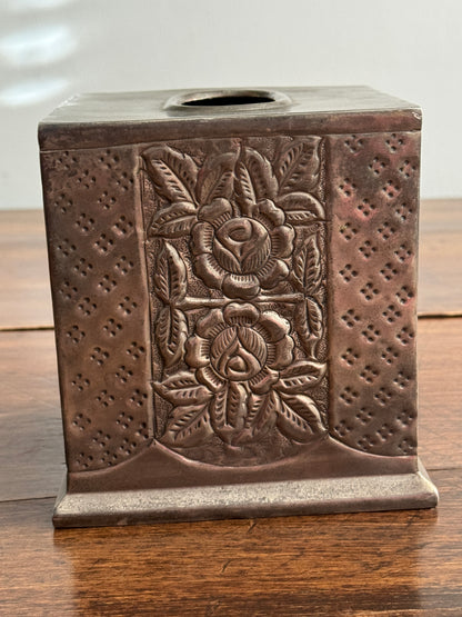 Vintage Silver-Plated Square Tissue Box Holder with Ornate Flower Detailing