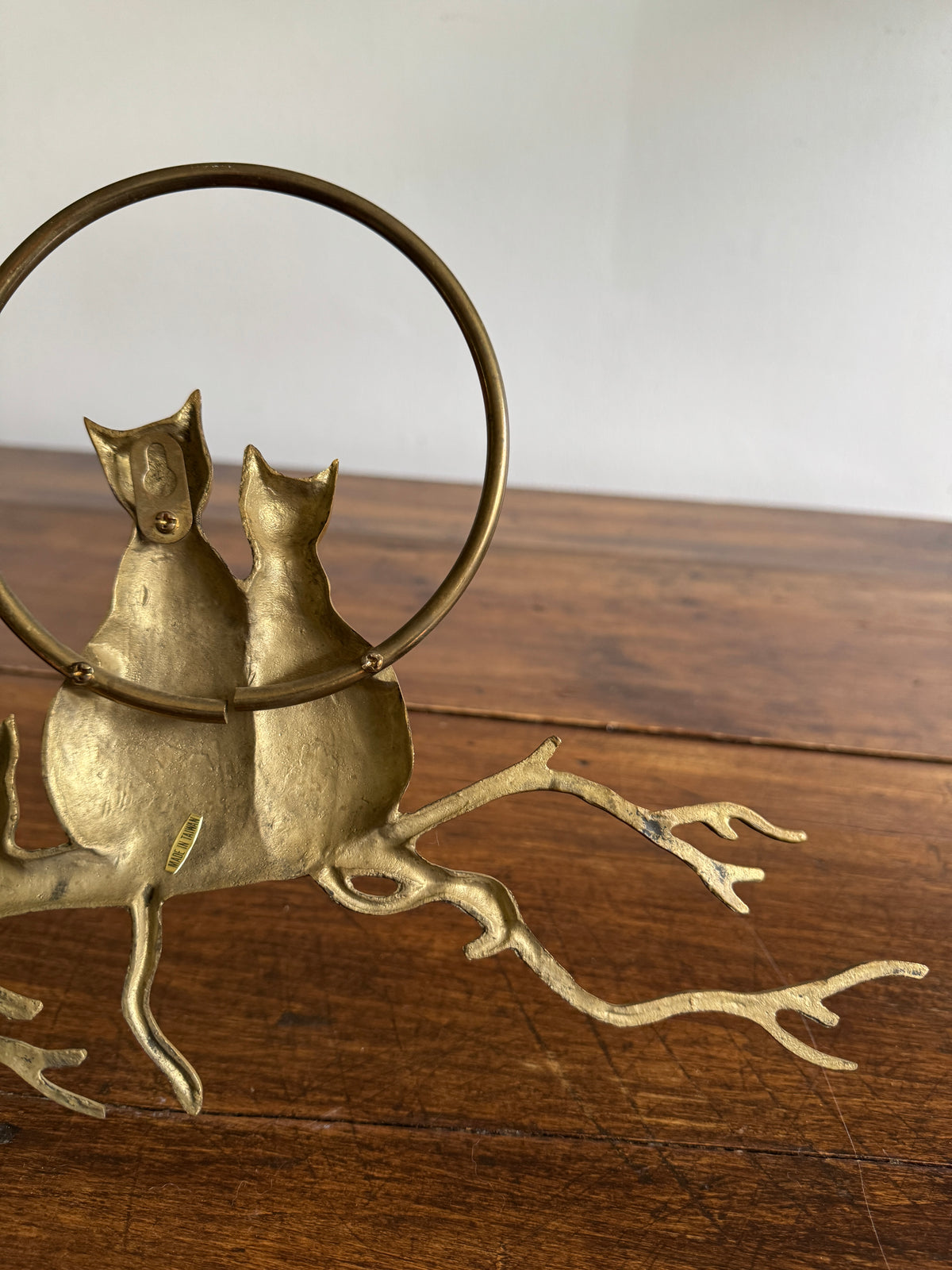 Brass Cats on Branch with Moon Wall Hanging Sculpture