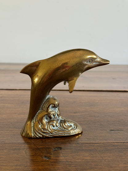 Vintage Brass Jumping Dolphin in Wave Figurine