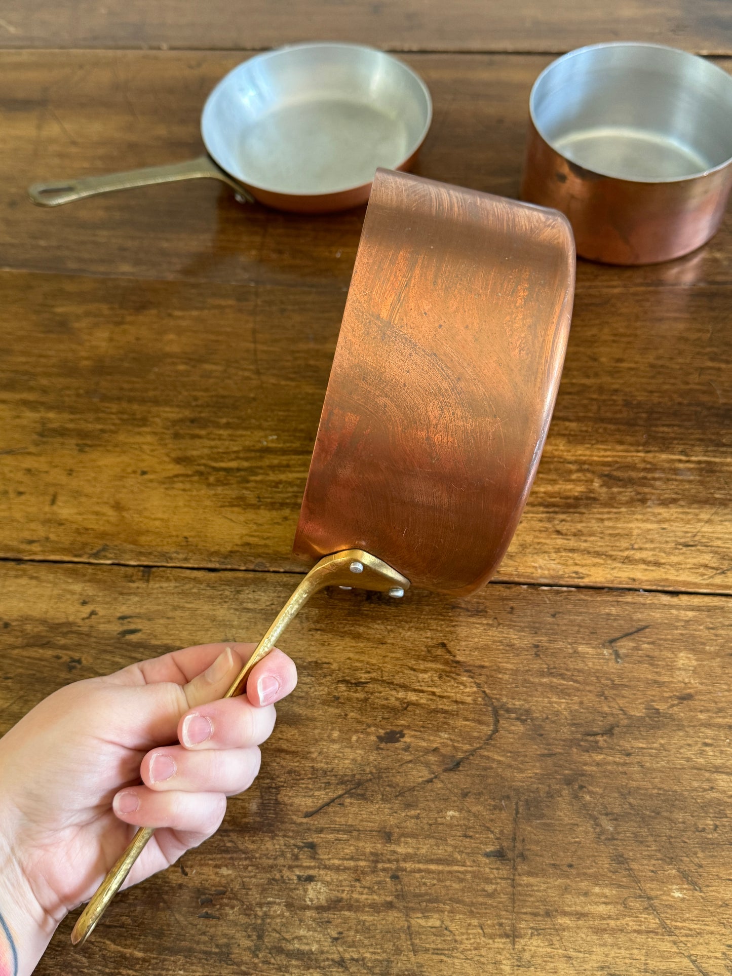 Vintage Three Piece Copper and Brass Pots and Pan Set