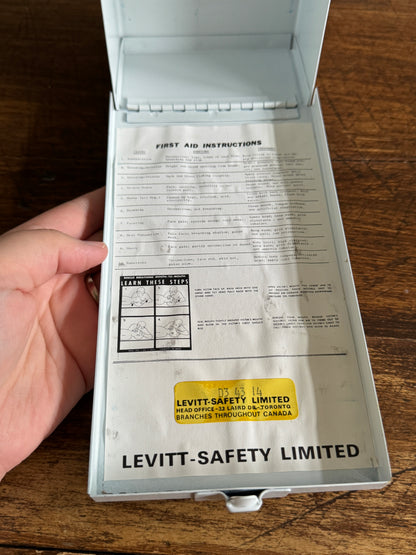 White with Blue Writing Metal First Aid Kit by Levitt Safety