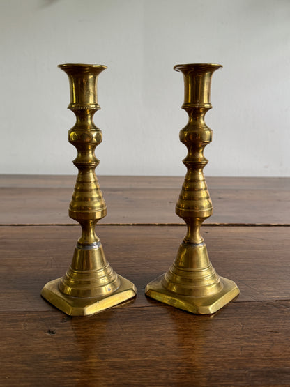 Vintage English Brass Candleholders Mixed Pair