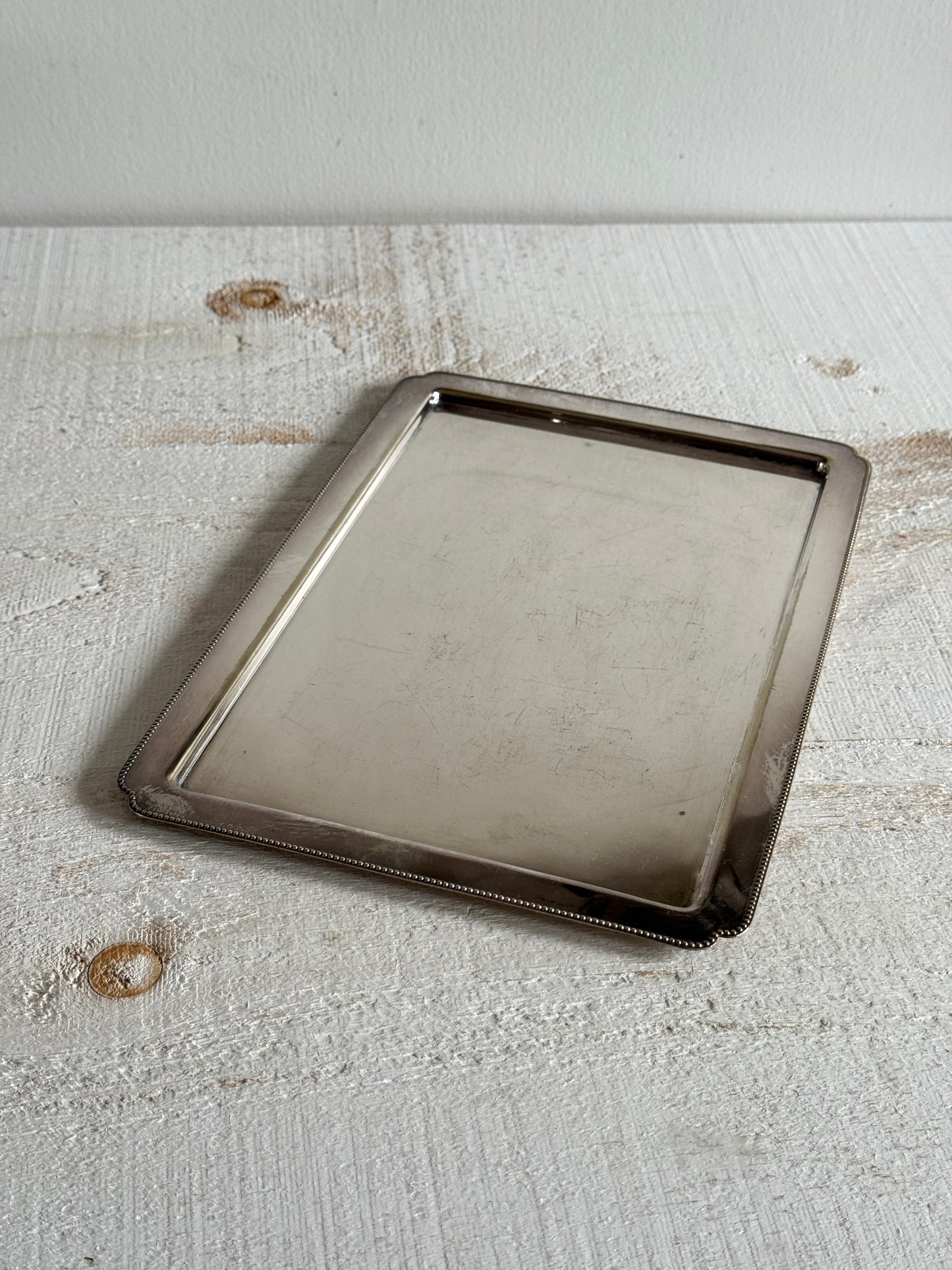 Vintage Silver Plated Flat Serving Tray with Edge Detailing - Medium Sized Silver Serving Plate