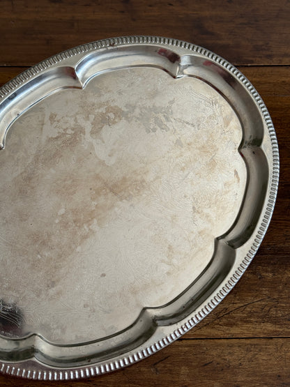 Vintage Silver Tone Large Oval Tray with Scalloped Edge Detailing