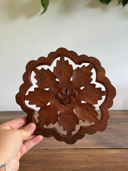Wood Carved Trivet Raised Stand with Flower Pattern