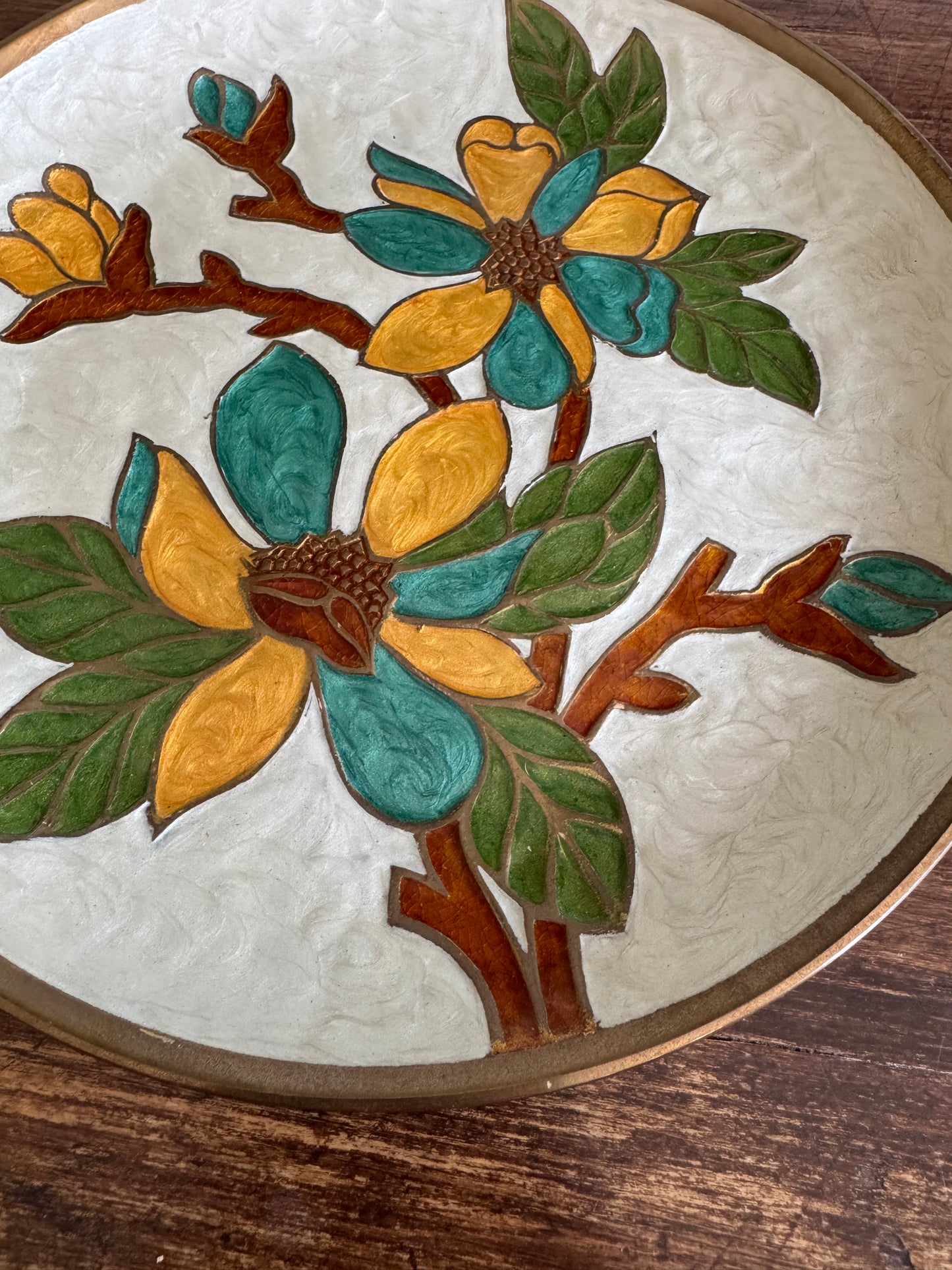 Heavy Enamel Brass Wall Plate with Flower and Leaf Design