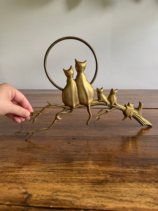 Brass Cats on Branch with Moon Wall Hanging Sculpture