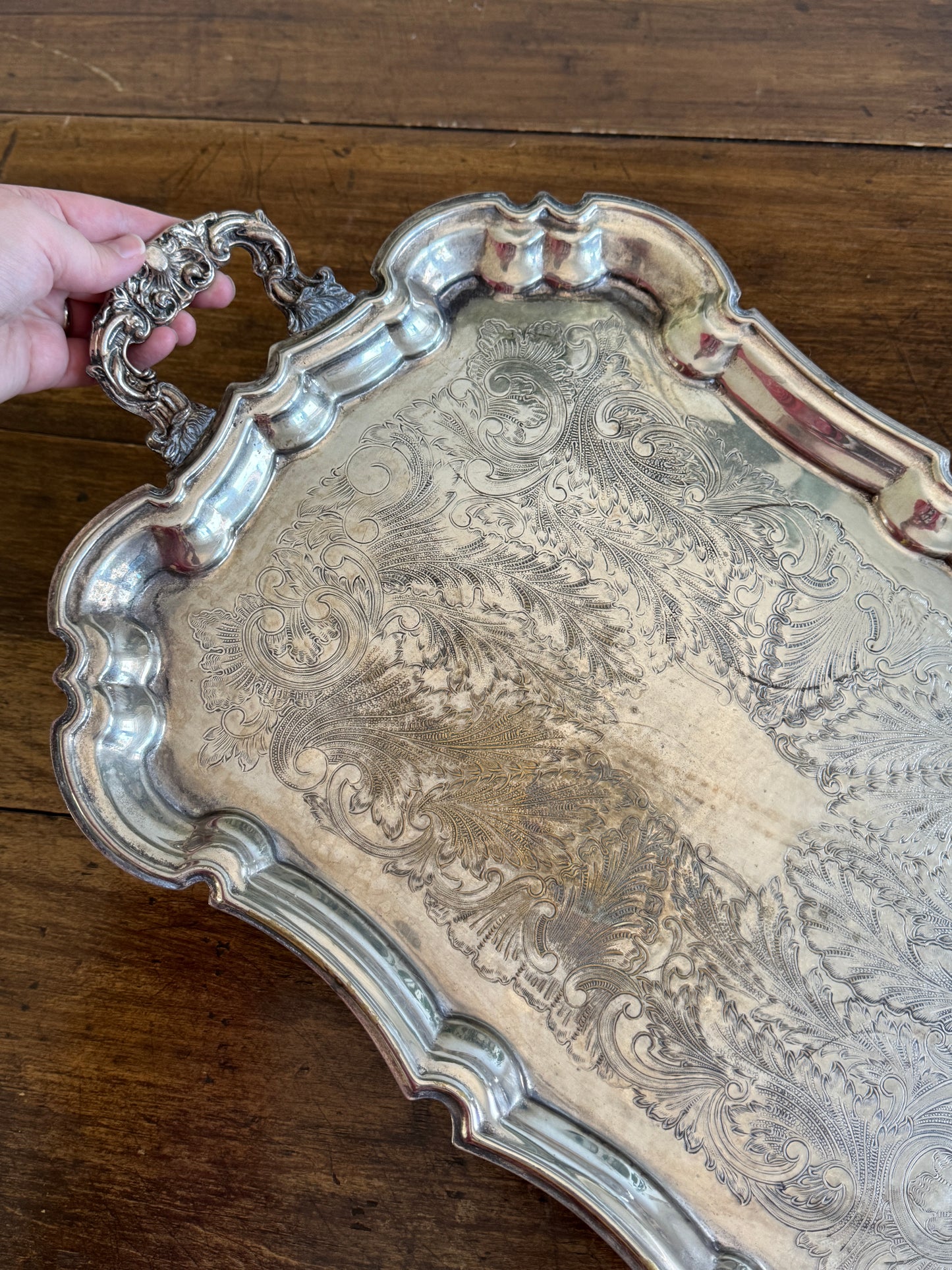 Vintage Large Leonard Silver Plated Over Brass Ornate Serving Platter with Raised Feet and Etched Detailing - Silver Plated Butler Tray