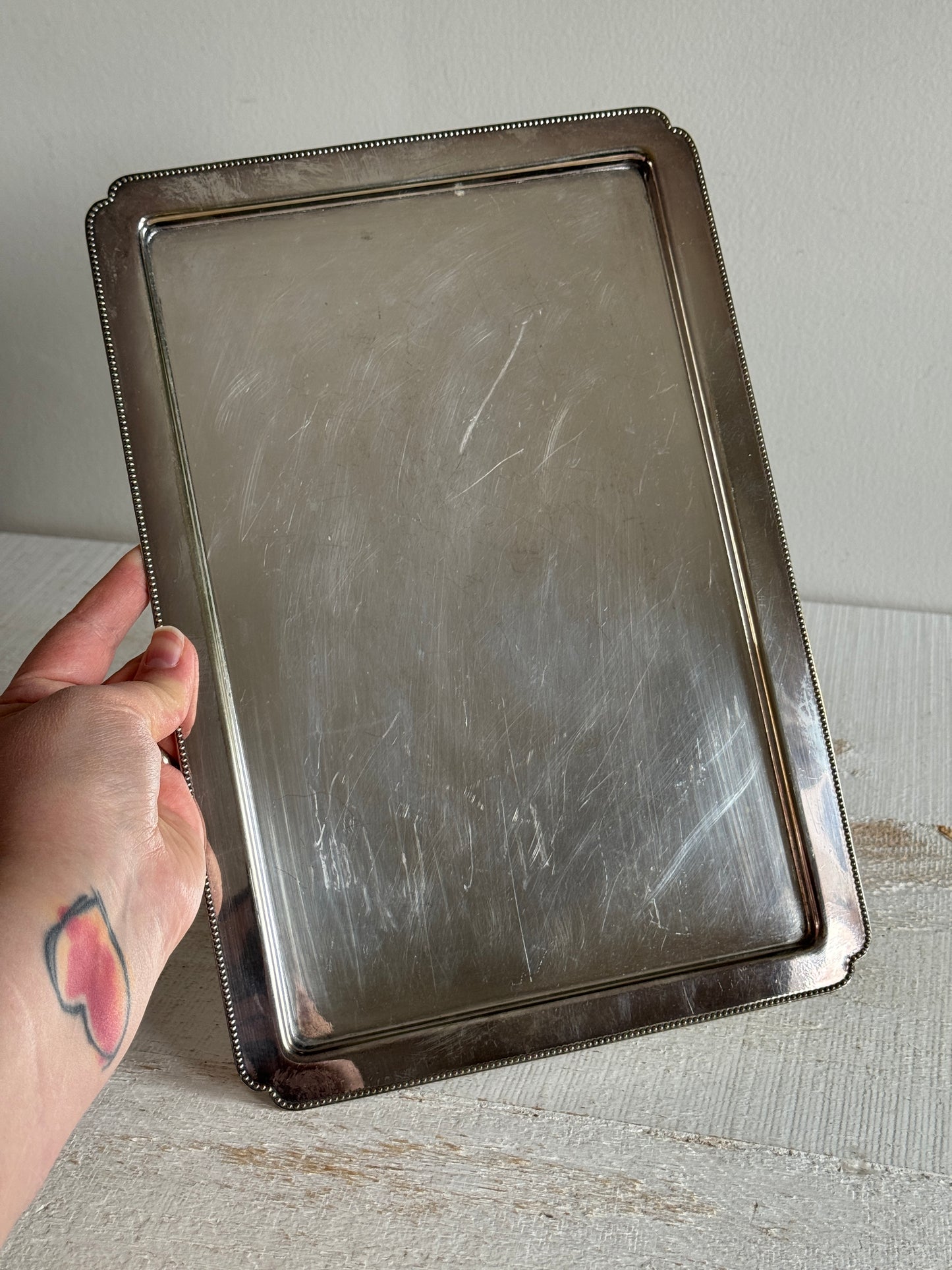 Vintage Silver Plated Flat Serving Tray with Edge Detailing - Medium Sized Silver Serving Plate