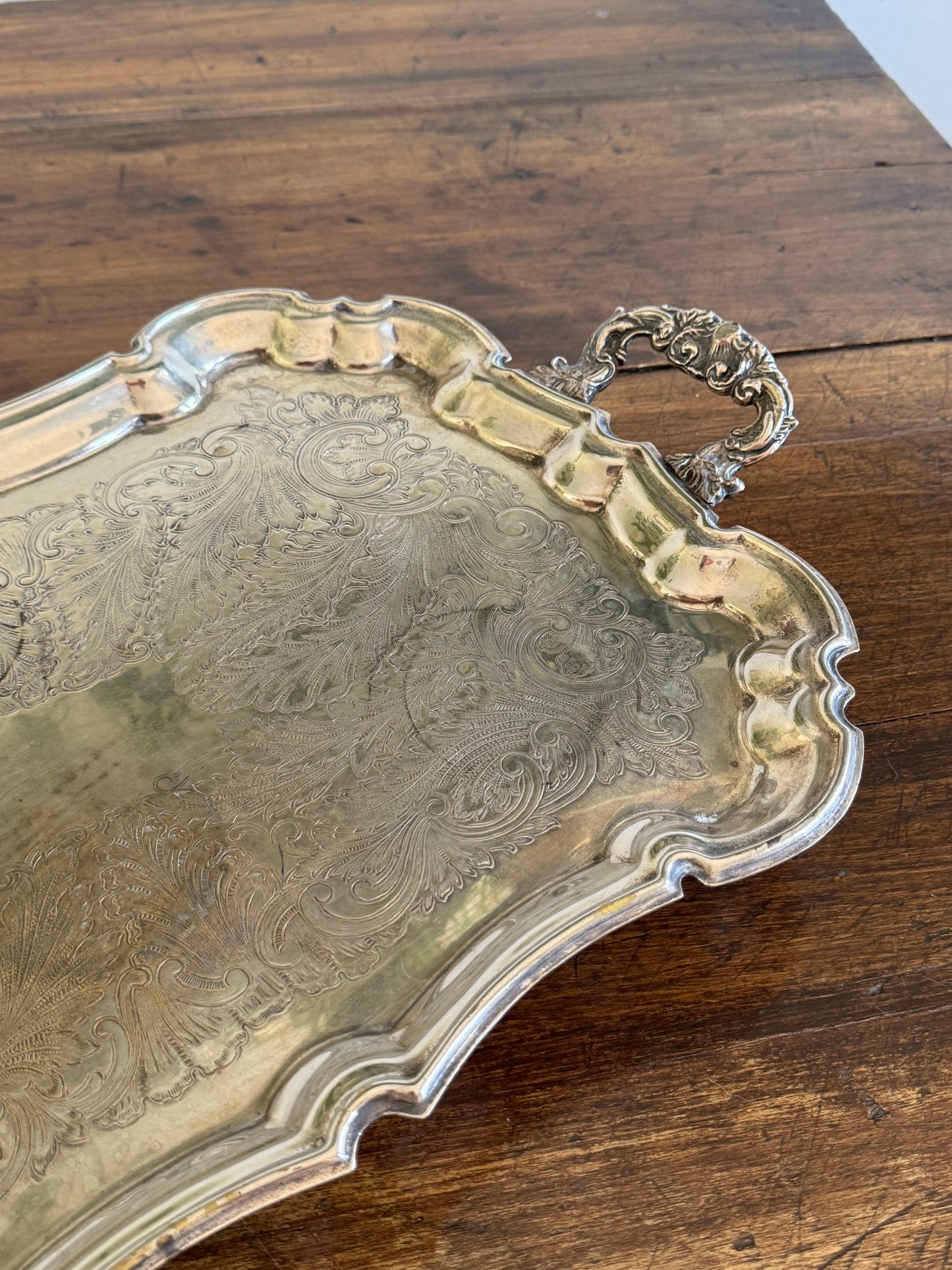 Vintage Large Leonard Silver Plated Over Brass Ornate Serving Platter with Raised Feet and Etched Detailing - Silver Plated Butler Tray